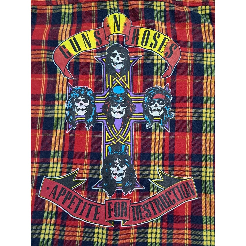 Guns N Roses Flannel Hooded Shirt XL Red Yellow Rock Roll Axel Skulls Appetite - Picture 2 of 9